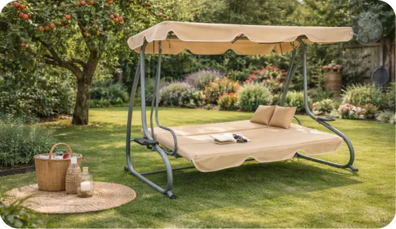 Beżowa huśtawka ogrodowa HIPPER. Monte Carlo z funkcją leżanki